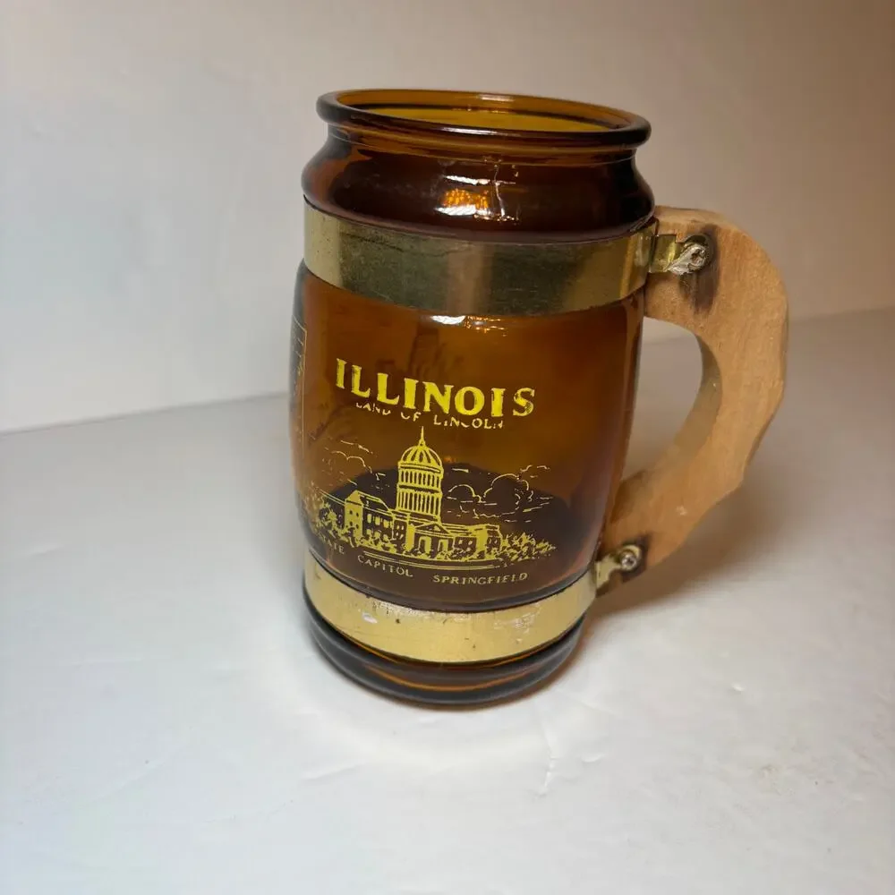 Vintage Illinois Souvenir Brown Glass Barrel Mug Wood Handle Lincoln